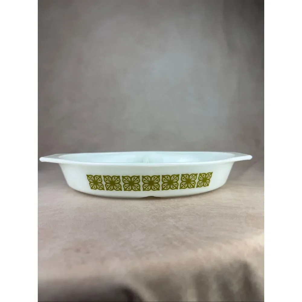 Vintage Pyrex Verde Split Casserole Dish Floral Mod MCM 1970s